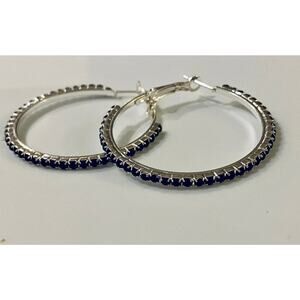 Silver Hoop Earrings with Black Rhinestones